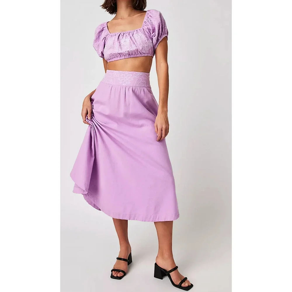 NEW FREE PEOPLE ORCHID PURPLE WHITE LOTUS MIDI SKIRT CROP TOP SET SZ M